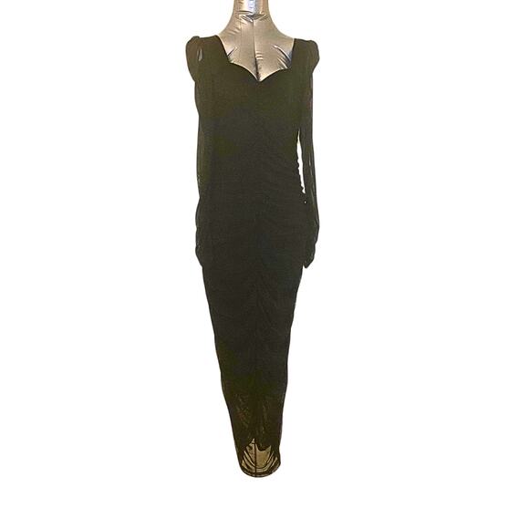 Black Mesh Ruched Bodycon Midi Dress - Picture 2 of 7